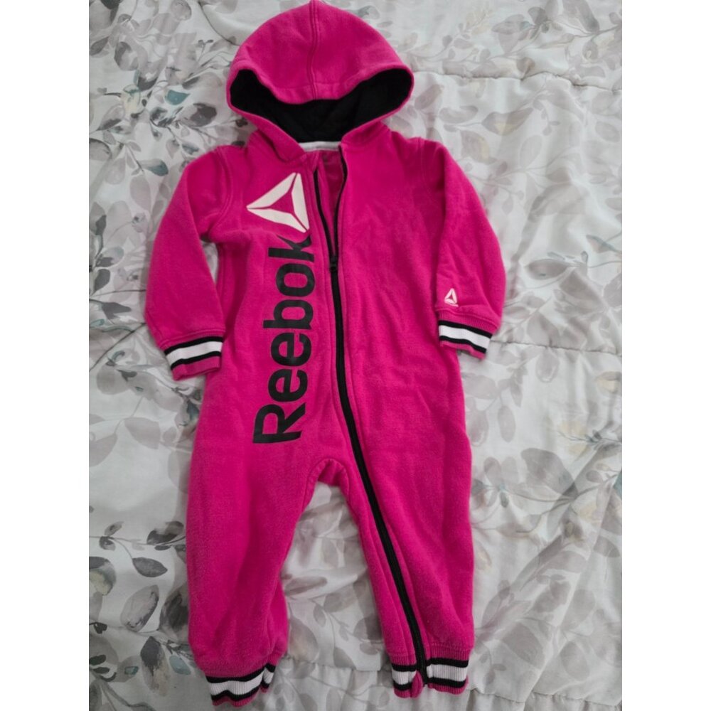 REEBOK Girls Sz 12 Months Fuchsia Hooded Soft Fleece Lined 1 Pc Romper Outfit